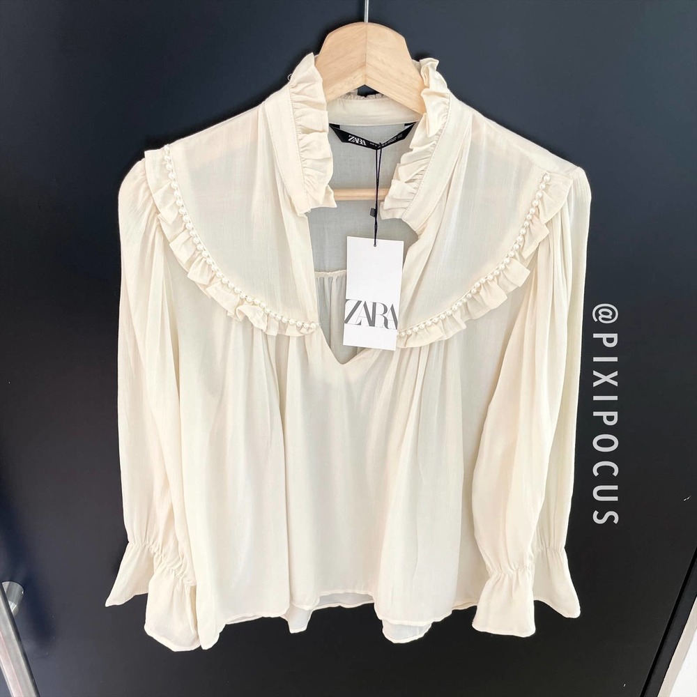 ZARA PEARL + RUFFLE TRIM BLOUSE LIGHT BEIGE